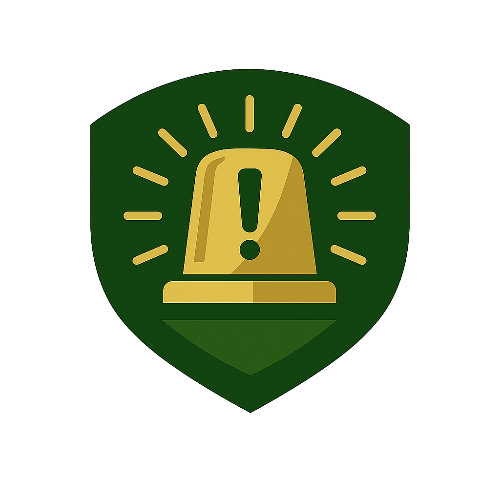 EcoShield Brand, Gold warning bell icon on a green shield with yellow rays on a white background