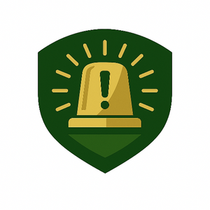 EcoShield Brand, Gold warning bell icon on a green shield with yellow rays on a white background