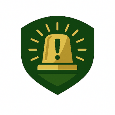 EcoShield Brand, Gold warning bell icon on a green shield with yellow rays on a white background
