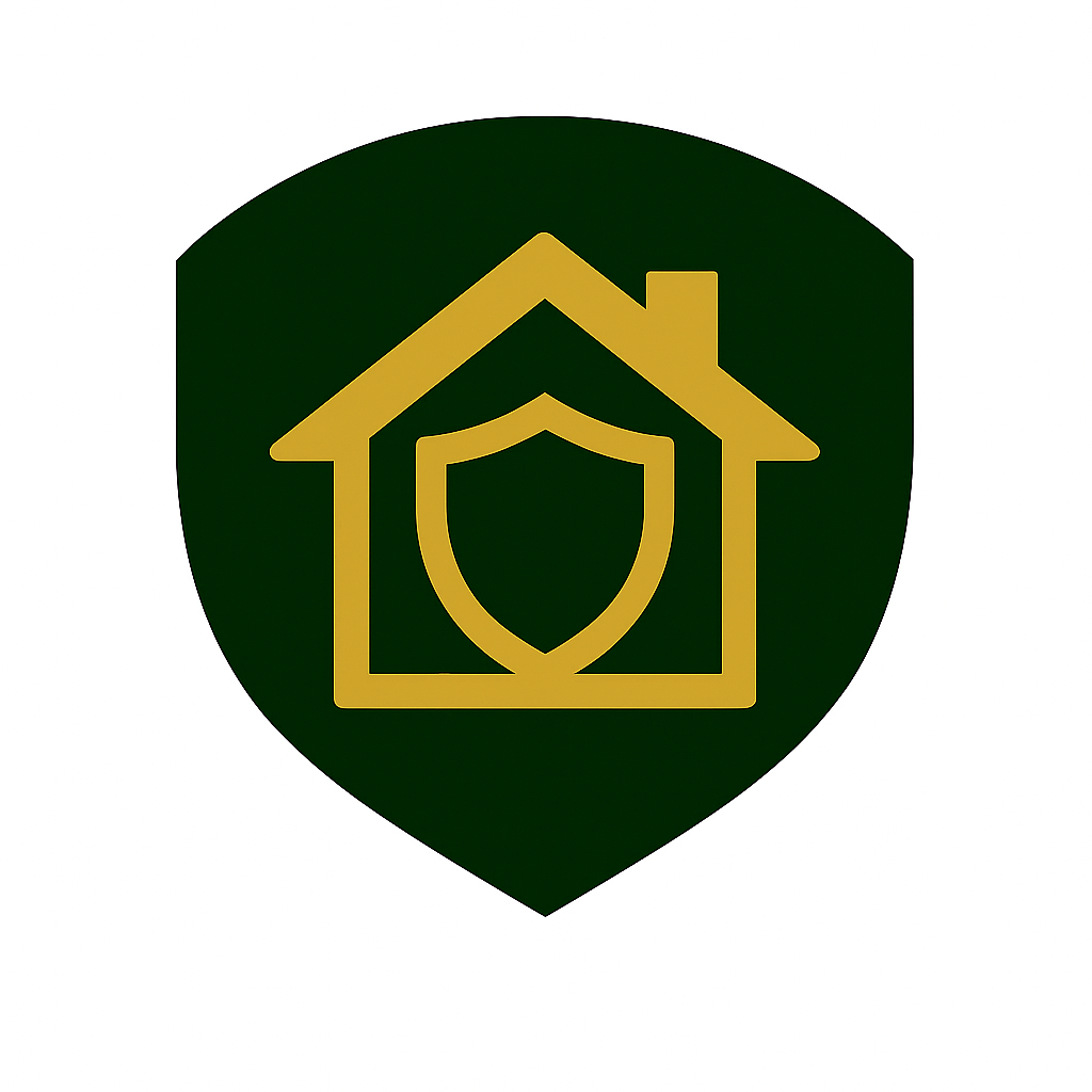 EcoShield Brand, Green shield with a gold house and shield icon on a white background