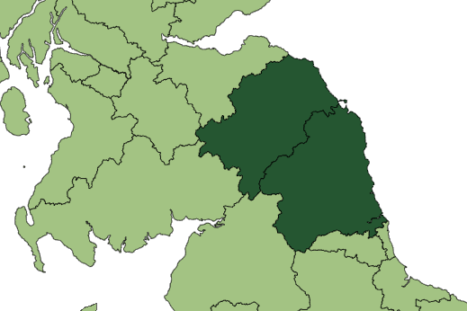 Exert of UK map highlighting , South of Scotland, and Northumberland, with a dark green colour identifying each.