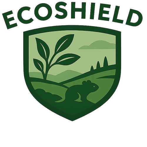 Logo of EcoShield with green colour scheme, rodent in front of hills, with nature emphasis. 