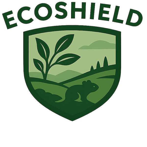 Logo of EcoShield with green colour scheme, rodent in front of hills, with nature emphasis. 